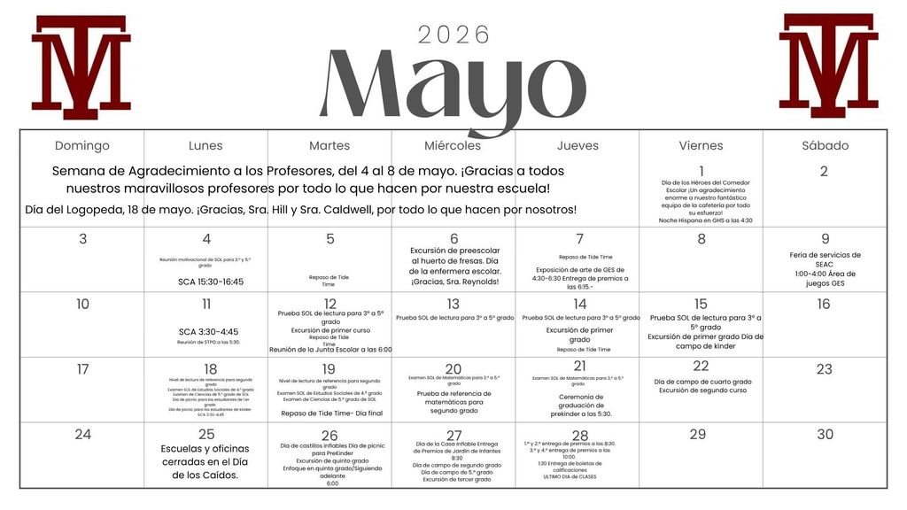 A white background displays a calendar for May 2020. The title reads "Mayo 2020" with "M" in red.