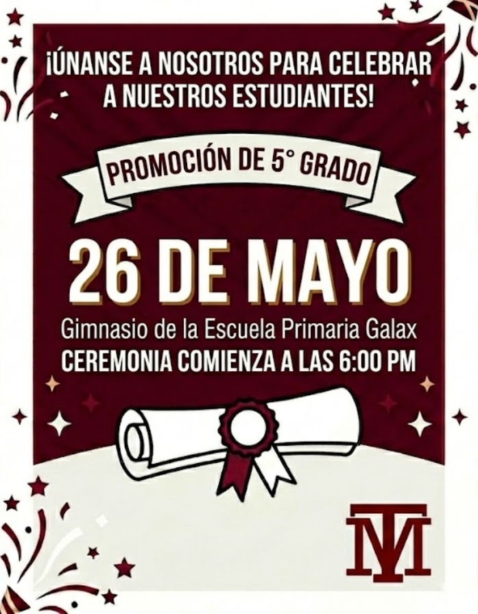 A red and white poster announces a 5th-grade graduation ceremony. It features a diploma, a red ribbon, and stars. The event is on May 26 at 6:00 PM.