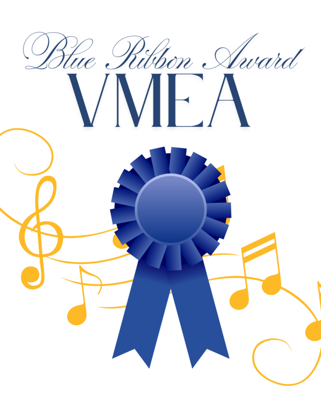 A blue ribbon with musical notes, in blue and yellow, is on a white background with text "Blue Ribbon Award VMEA" above.
