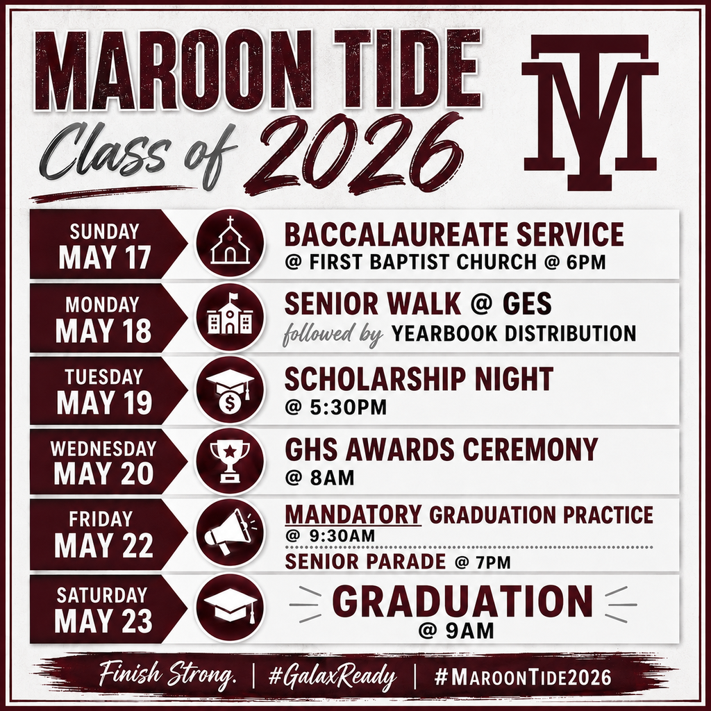 Maroon Tide Class of 2026 schedule. Includes dates, events, and times. Background is maroon and white.