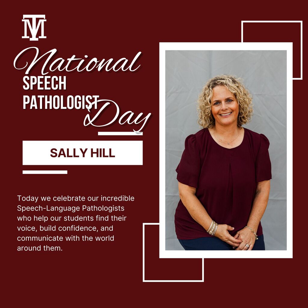 A poster honoring National Speech Pathologist Day. It features a smiling woman with short hair and a maroon shirt.