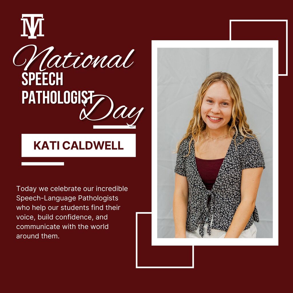 A poster with a maroon background displays the words "National Speech Pathologist Day" above a photo of a smiling person.