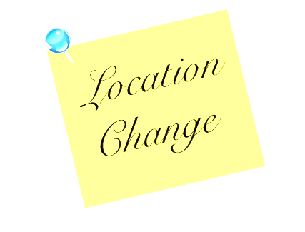 A yellow note with black text saying "Location Change" attached to a blue pushpin against a white background.