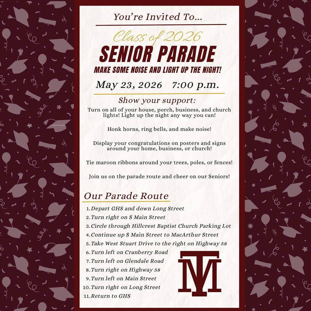 Invitation for a Class of 2026 senior parade on May 23, 2026. Route details are listed.