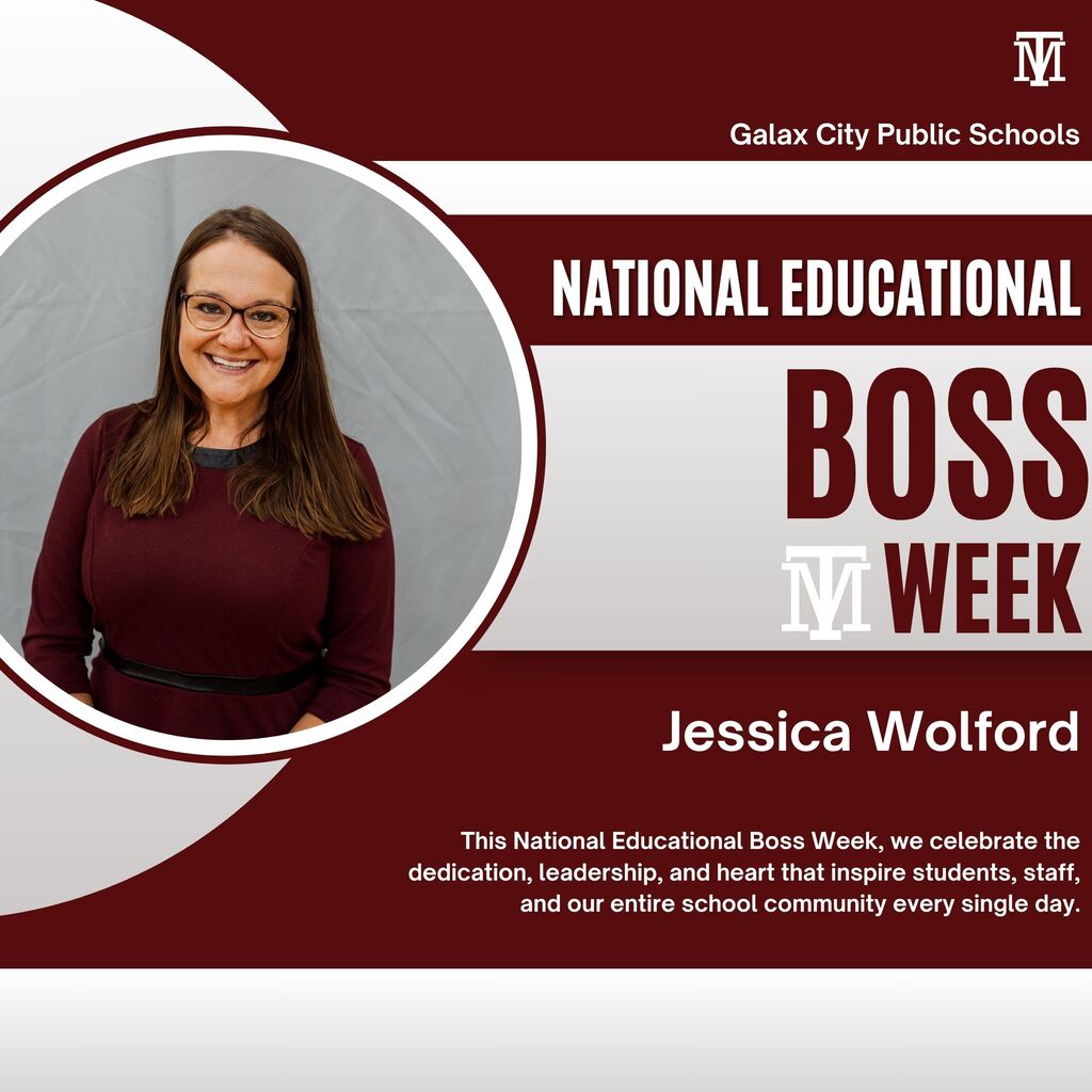 A woman stands smiling, wearing a maroon top, against a red background. Text reads "NATIONAL EDUCATIONAL BOSS WEEK Jessica Wolford".