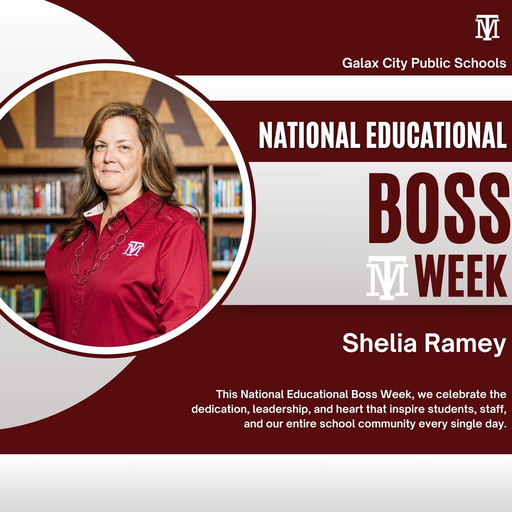 A person in a red shirt is featured in a library, with text overlay celebrating National Educational Boss Week.