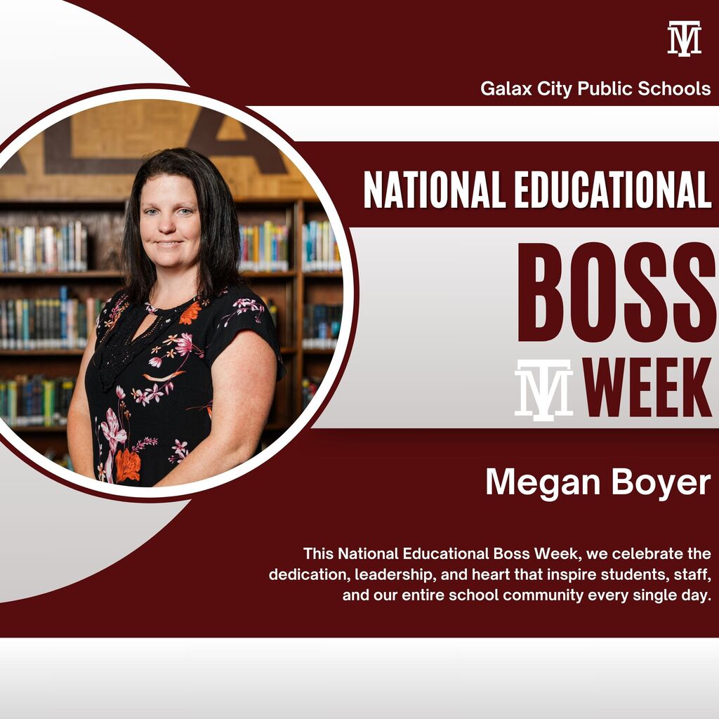 A person stands in a library. A text overlay reads "Megan Boyer" and "National Educational Boss Week."