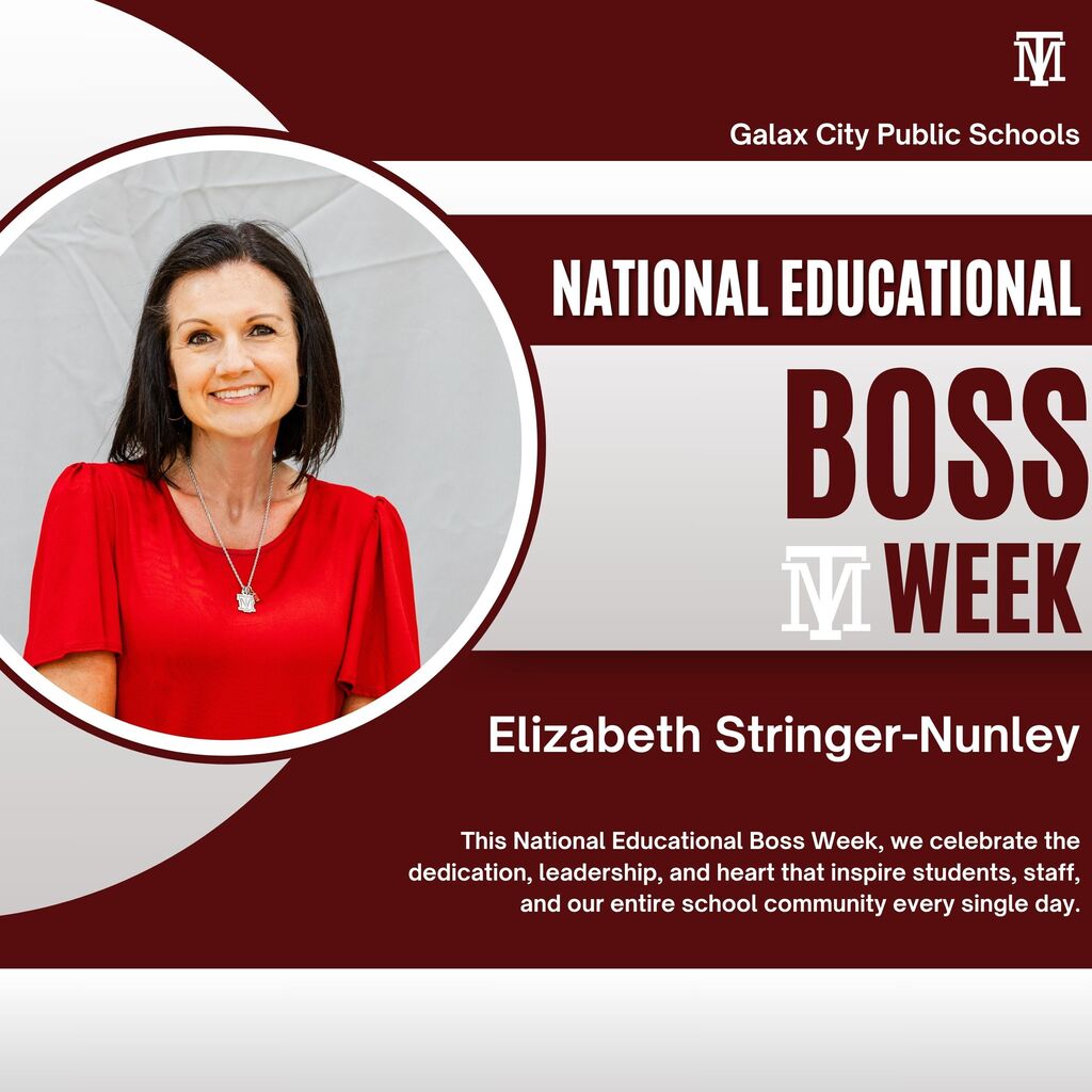 A woman in red stands in a circular frame. Text reads "National Educational Boss Week" with "Elizabeth Stringer-Nunley" below.
