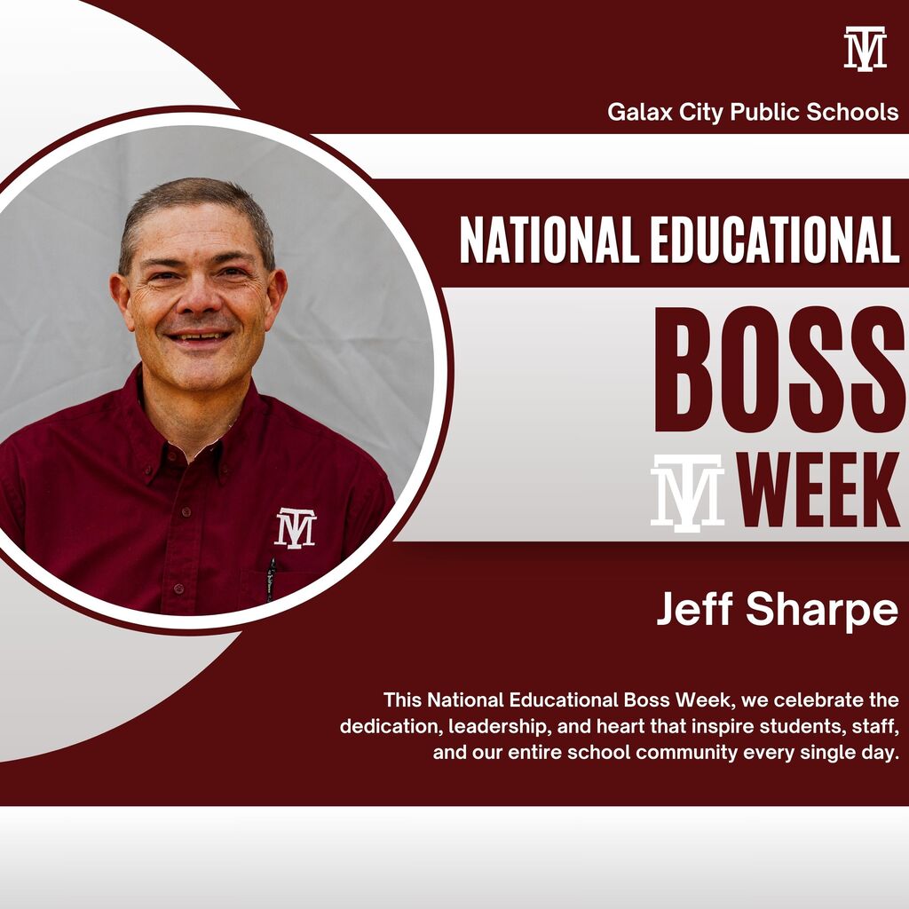 A maroon background displays an image of a smiling man in a maroon polo shirt. Text reads "National Educational Boss Week."