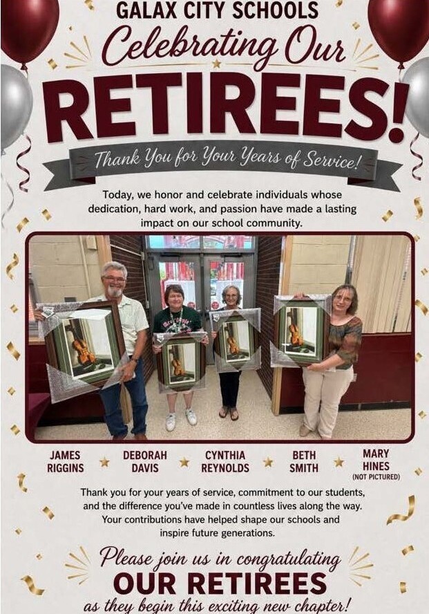 A banner honoring retirees with text and five individuals holding awards, one of them with balloons in the background.
