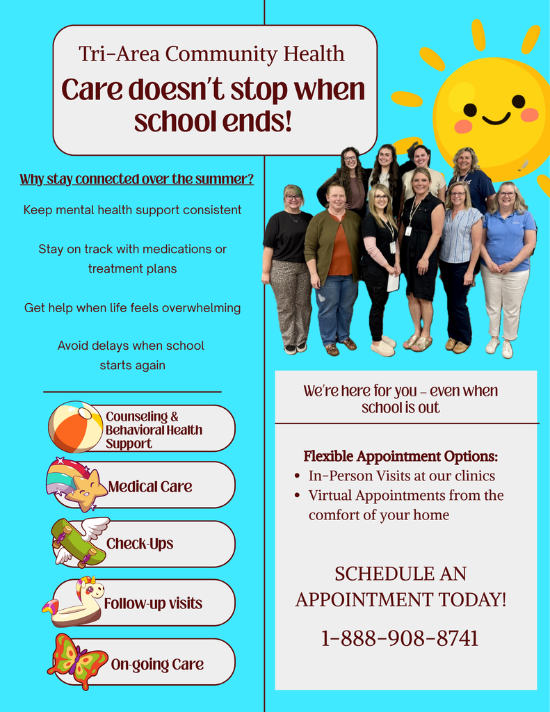 A flyer shows a group of smiling people in front of a sun. It offers services like mental health support and medical care.
