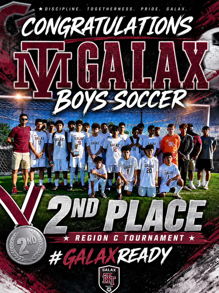 Sports team in white jerseys with "Nt Galax Boys Soccer" above. They stand on a field with a banner reading "2nd Place Region C Tournament".