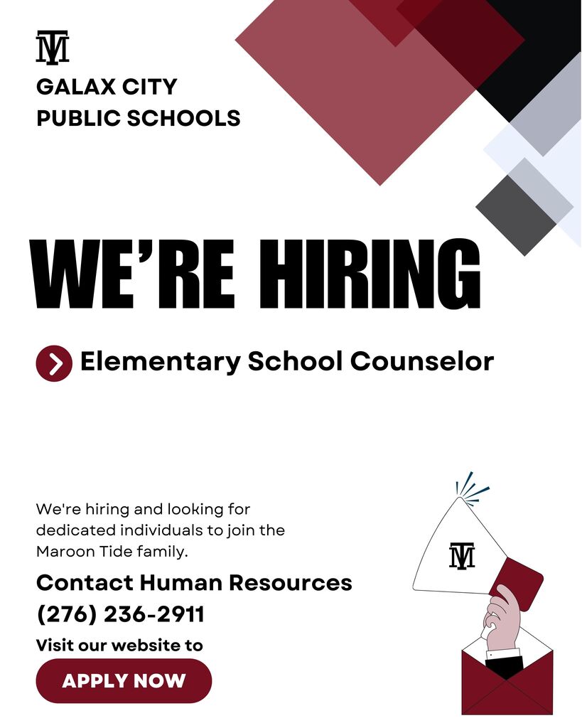 A poster advertises a job opening for an Elementary School Counselor by Galax City Public Schools, with contact details.