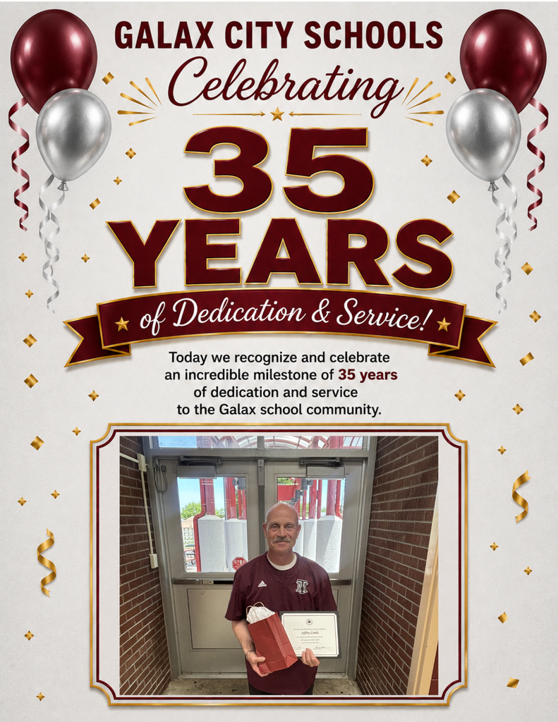 Poster reads "Celebrating 35 Years of Dedication & Service!" with a photo of a man holding a certificate and balloons.