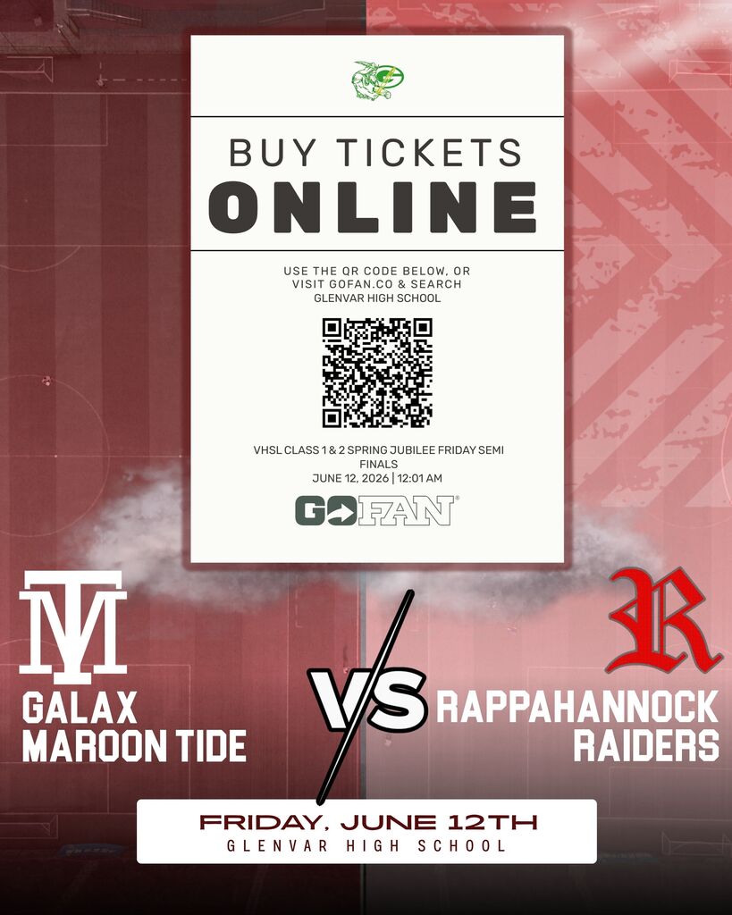 A red background displays a ticket advertisement for a high school football game on June 12. Logos of Galax Maroon Tide and Rappahannock Raiders appear.