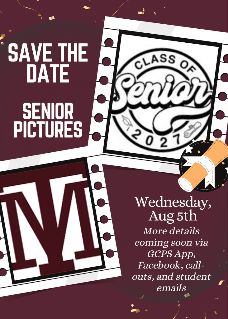 Save the date for senior pictures. A logo and text on a film strip. A diploma and a star.