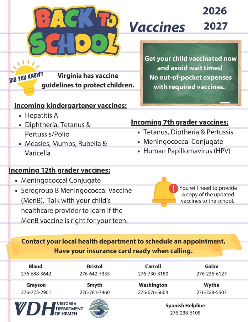 A school vaccination flyer with a green chalkboard background. It lists required vaccines for different grades, including Hepatitis A, Tetanus, and Meningococcal.