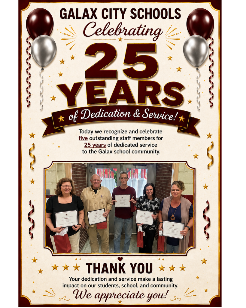 Poster with five people holding certificates. A banner reads "25 Years of Dedication & Service!" Red and silver balloons decorate.