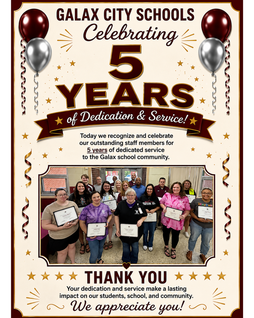 Red and white poster shows a group of staff members holding certificates, balloons, and streamers.