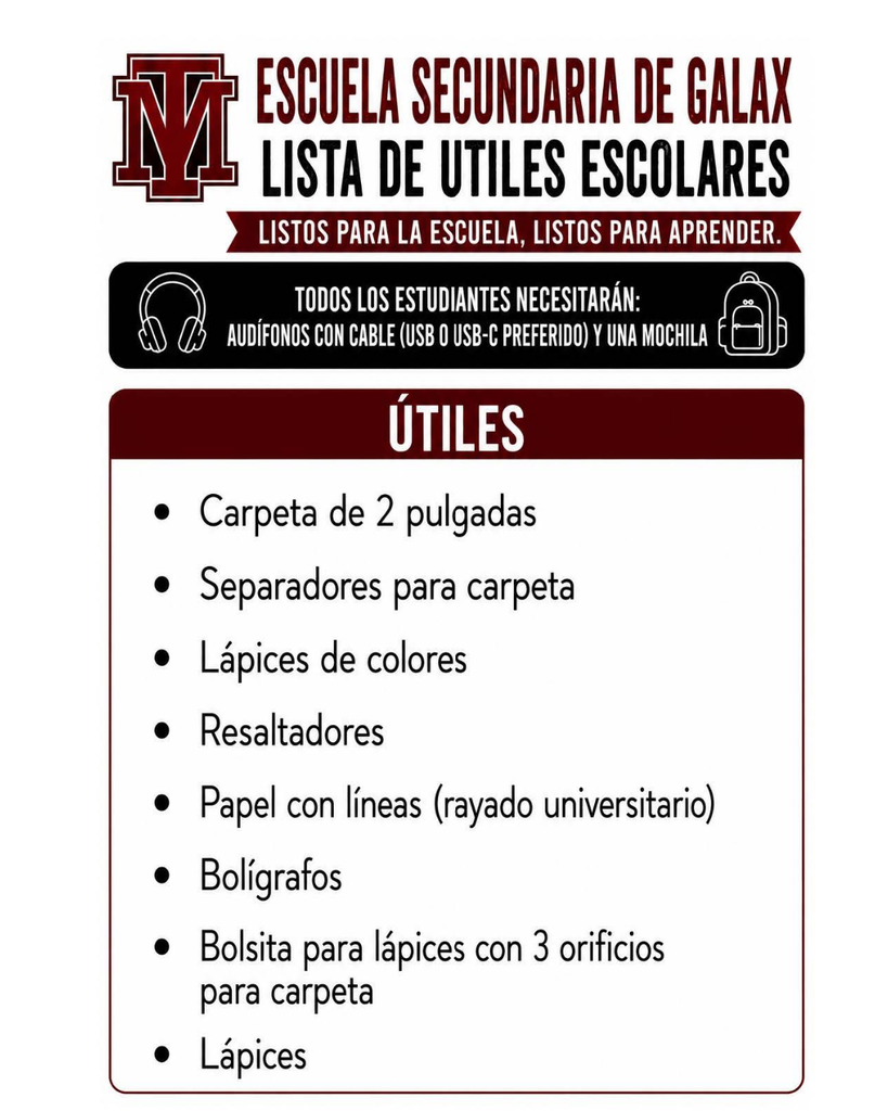 A list of school supplies includes carpet, pencil sharpener, colored pencils, rulers, ruled paper, notebooks, pencil case, and more.
