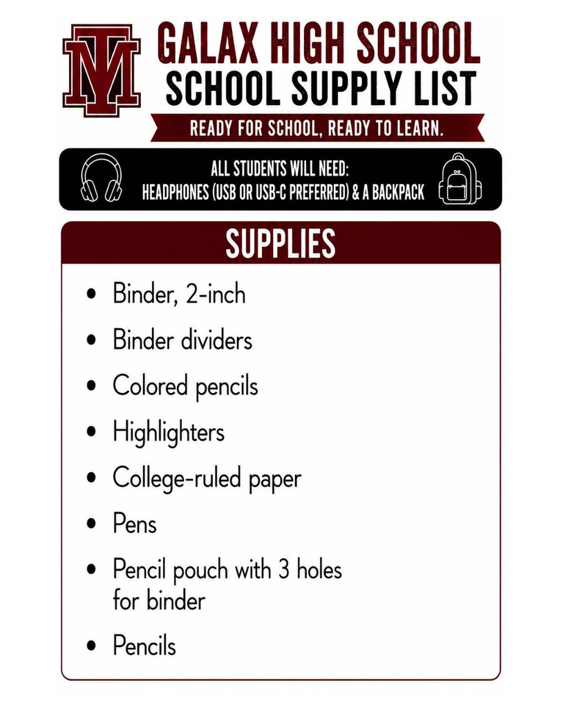 School supply list for Galax High School. Supplies include binders, pencils, paper, and more. Background is white.