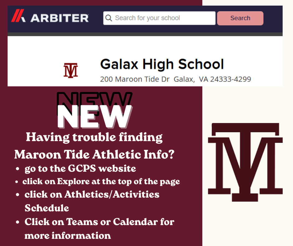A maroon and white webpage shows "Galax High School" and "NEW" with Maroon Tide athletic info.