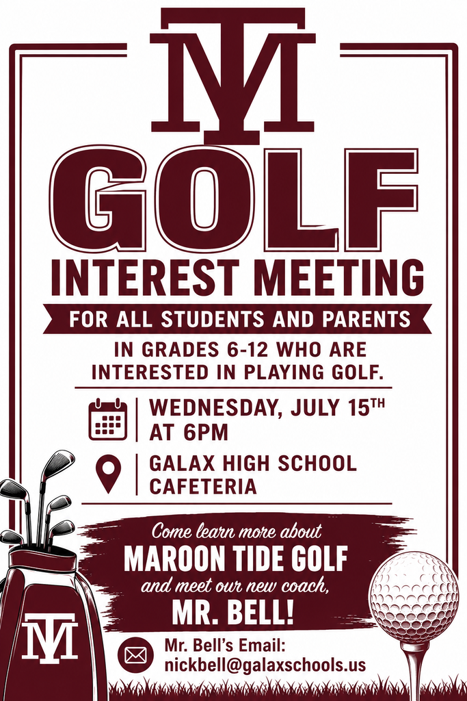 A poster advertises a golf interest meeting. It features a golf ball, clubs, and a bag. Date, time, and location are listed.