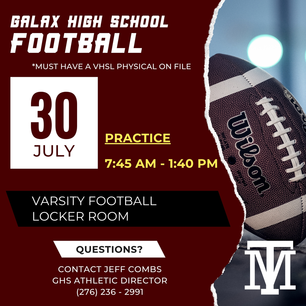 A flyer with maroon background for a high school football practice. A football is pictured in the corner.