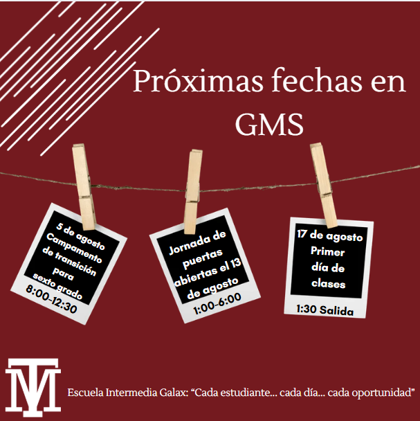 Red background with three cards on clothesline. Cards read: 8:00-12:30, 10:00-4:00, and 1:30 Salida. Below, "Escuela Intermedia Galax" logo.