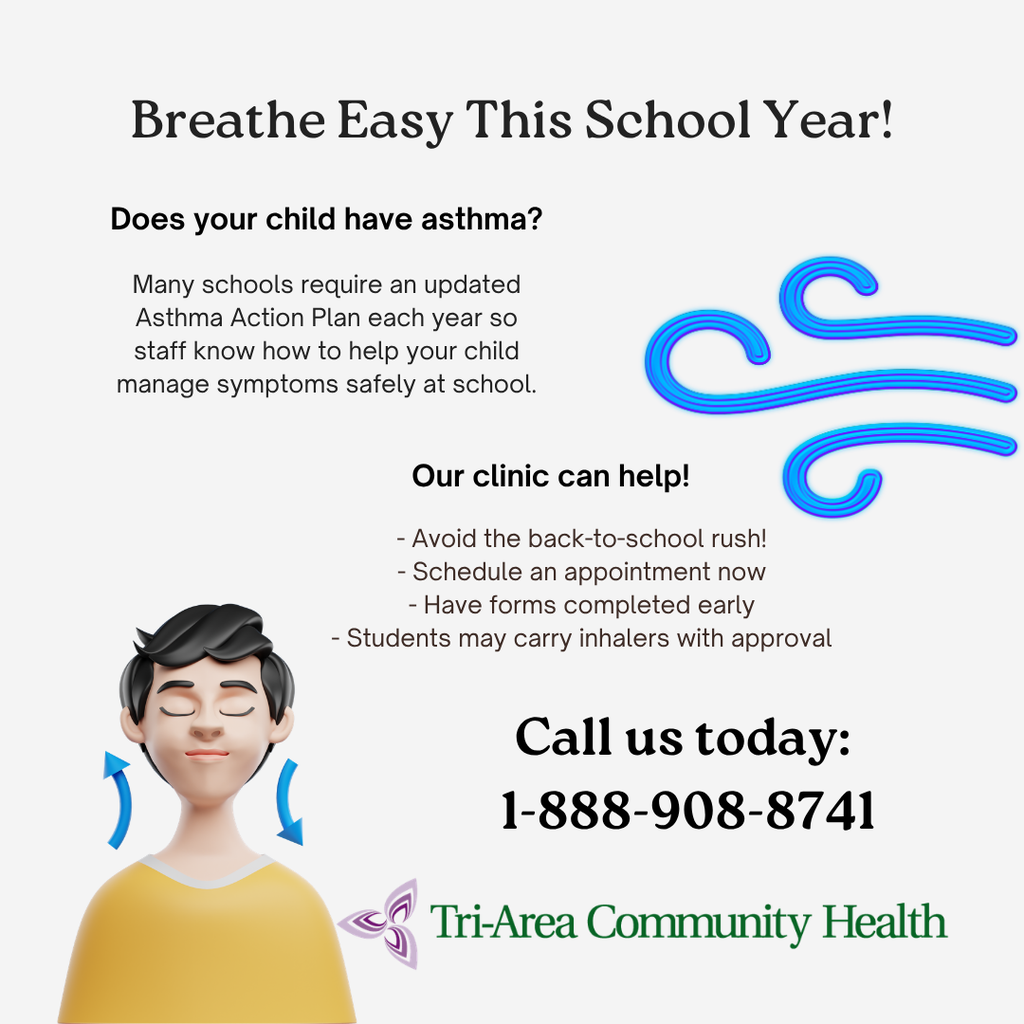 Text reads "Breathe Easy This School Year!" A person with an inhaler sits with a sign that reads "Call us today: 1-888-908-8741"