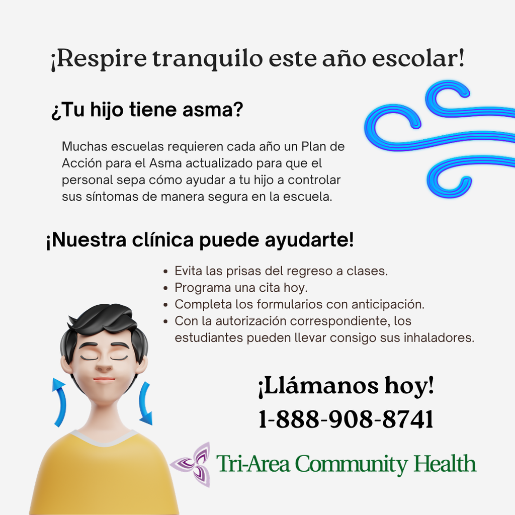 Graphic with a cartoon figure, blue wavy lines, and text about asthma management in Spanish.