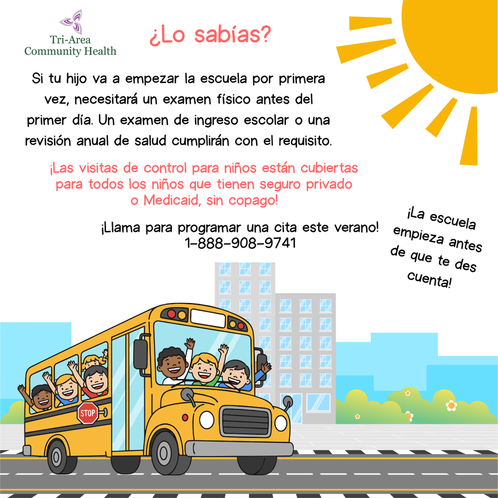 A school bus with children inside drives down a street with buildings and a sun in the sky. Spanish text provides information.