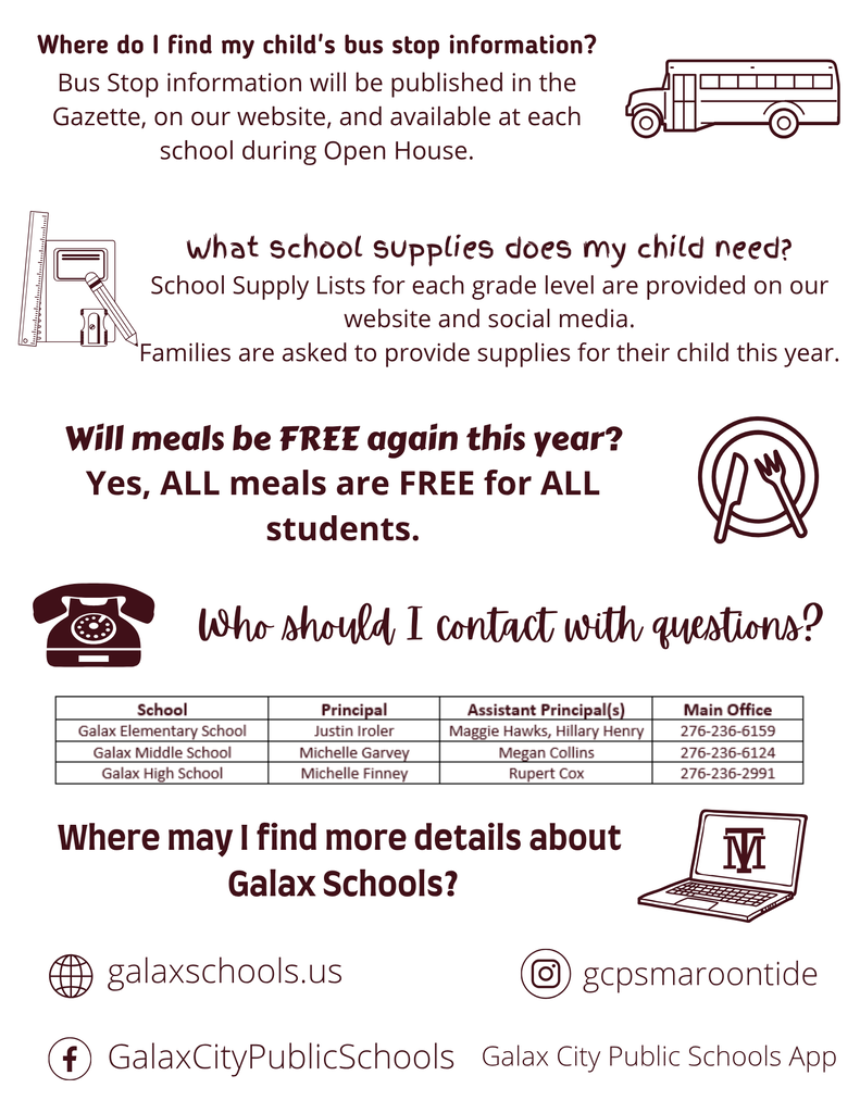 Visual elements include a bus, ruler, telephone, laptop, and icons. Text covers topics like bus stops, school supplies, meal availability, and contact information.
