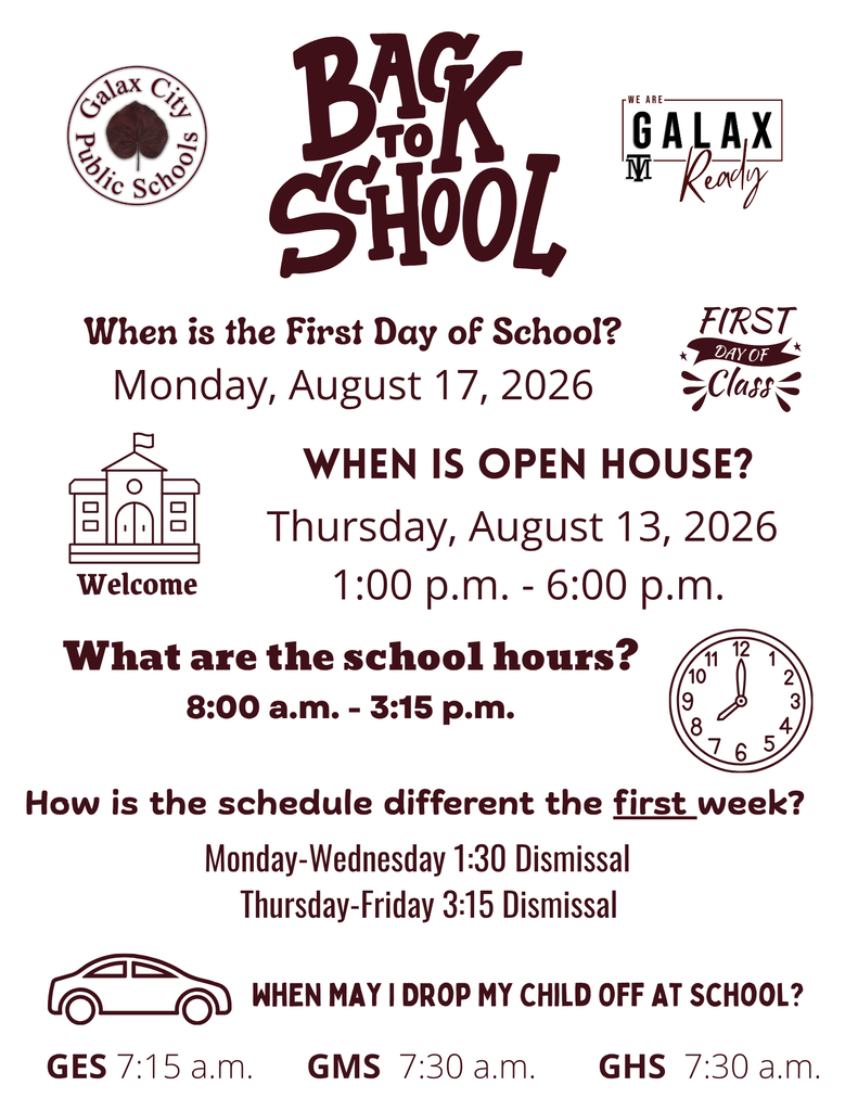 Back to School event information. First day is Monday, August 17, 2026. Open house on August 13, 1-6 pm. School hours 8 am-3:15 pm.