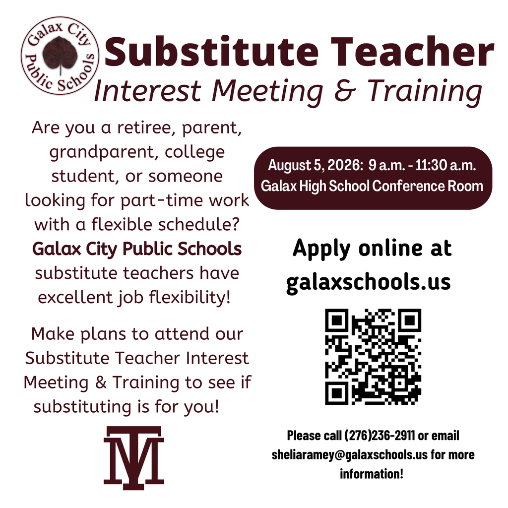 A flyer for a Substitute Teacher Interest Meeting & Training, scheduled for August 5, 2028. It invites retirees, parents, grandparents, college students, and others to apply online.