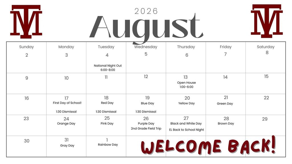 Calendar showing August 2020 with "Welcome Back!" text at bottom. Red "M" logos on top corners.