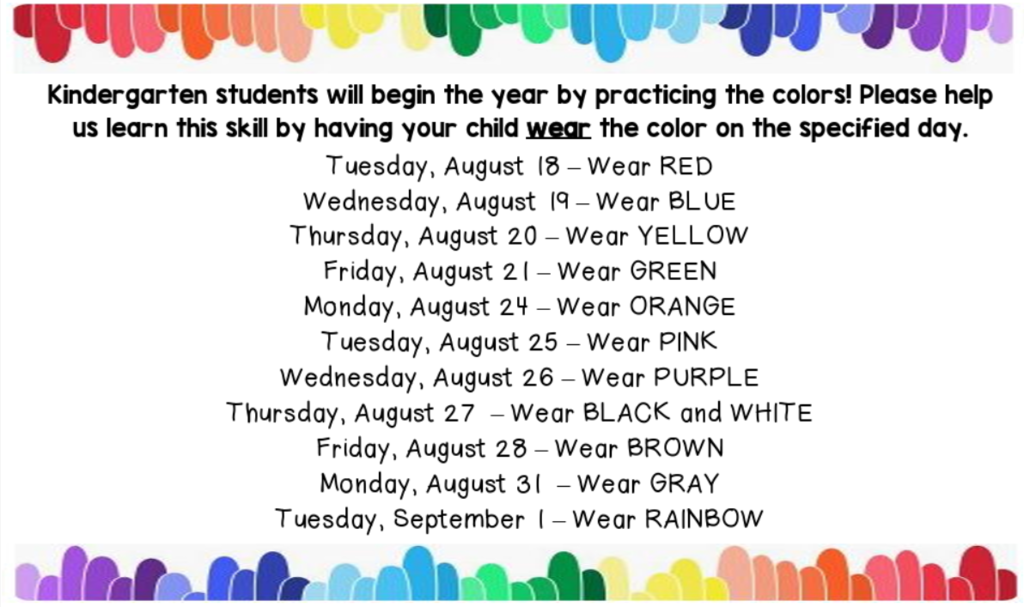 Schedule of color-themed days for kindergarten students. Each day listed with a specific color from August 18 to September 1.