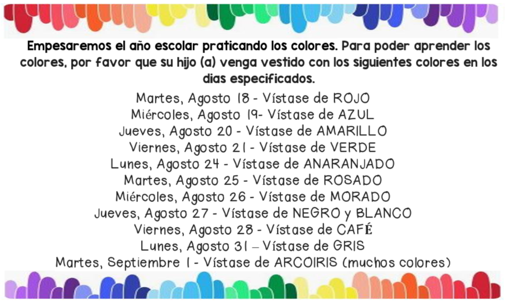 Brightly colored horizontal stripes on white background. Text on white reads schedule of colored vests for school.