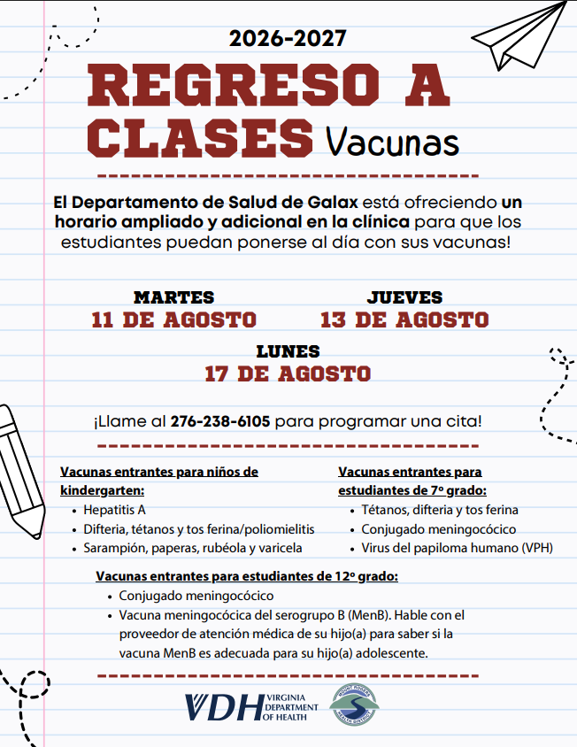 Flyer with a red and white border, showing dates and information about the "Regreso a Clases" vaccinations.