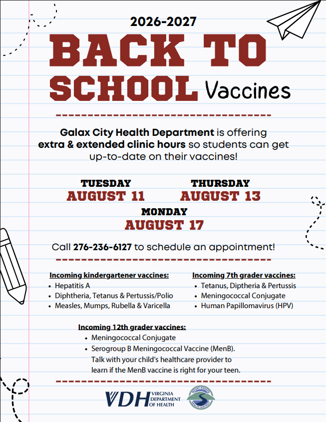 A poster displays "Back to School Vaccines" for 2026-2027, listing dates and required vaccines for various grades.