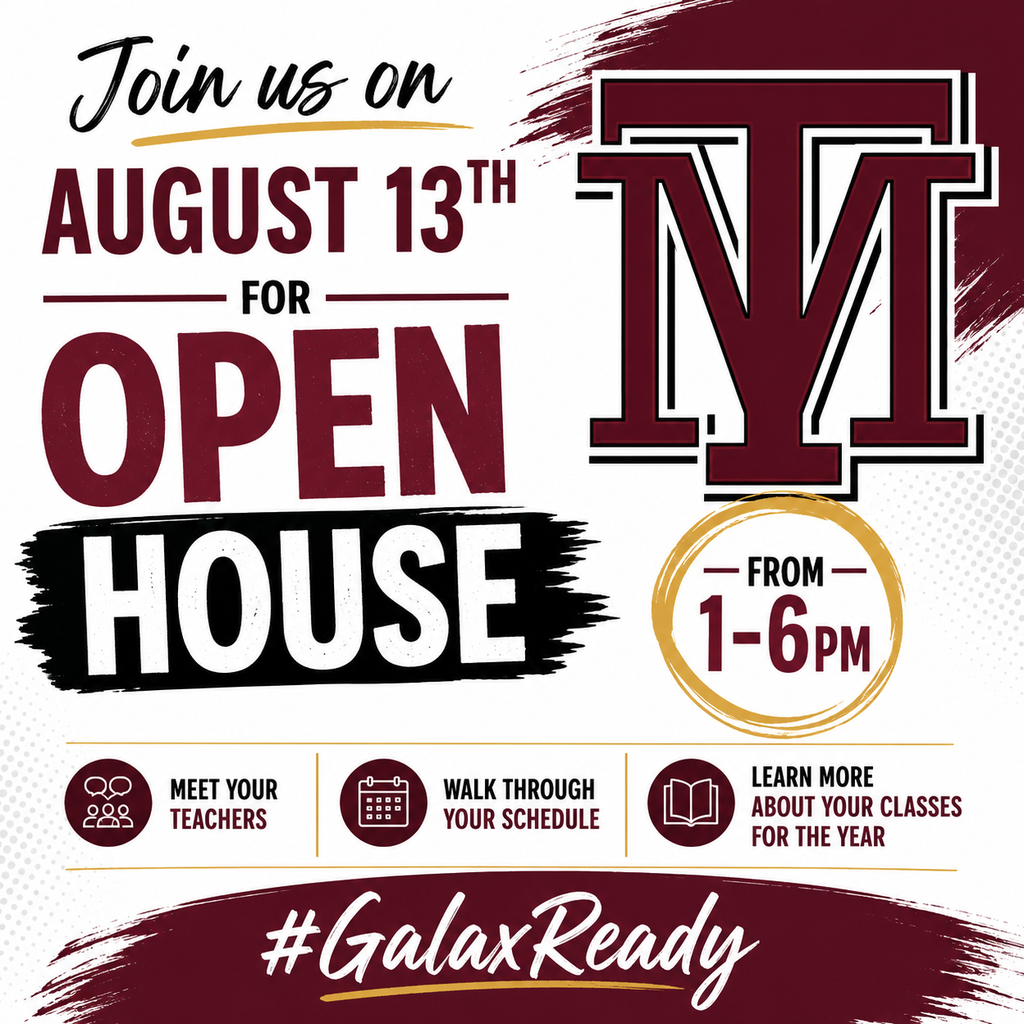 An event flyer promotes an open house with activities like meeting teachers and exploring schedules. Date: August 13, time: 1-6 pm.