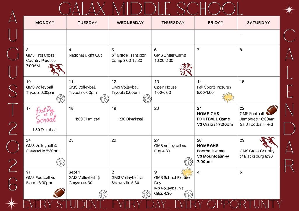 Calendar page for Galax Middle School 