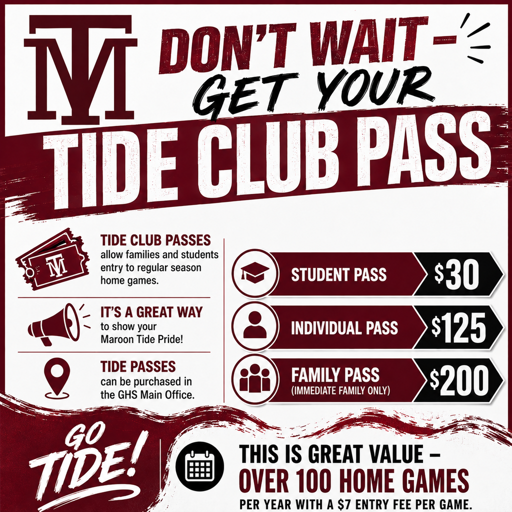 Promotional poster for Tide Club Passes. Prices listed for student, individual, and family passes. Pass locations and benefits explained.