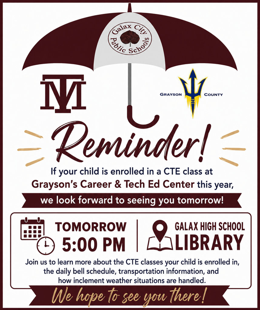 An umbrella graphic with "M" and "Reminder!" text. It reads, "Tomorrow, 5:00 PM at Galax High School Library."