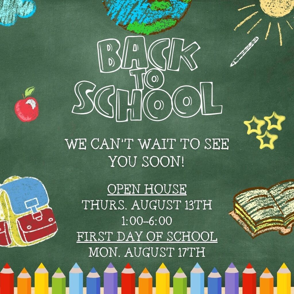 Black chalkboard with white text and illustrations. "Back to School" in bold white letters. Icons include apple, backpack, pencils, book, and globe.