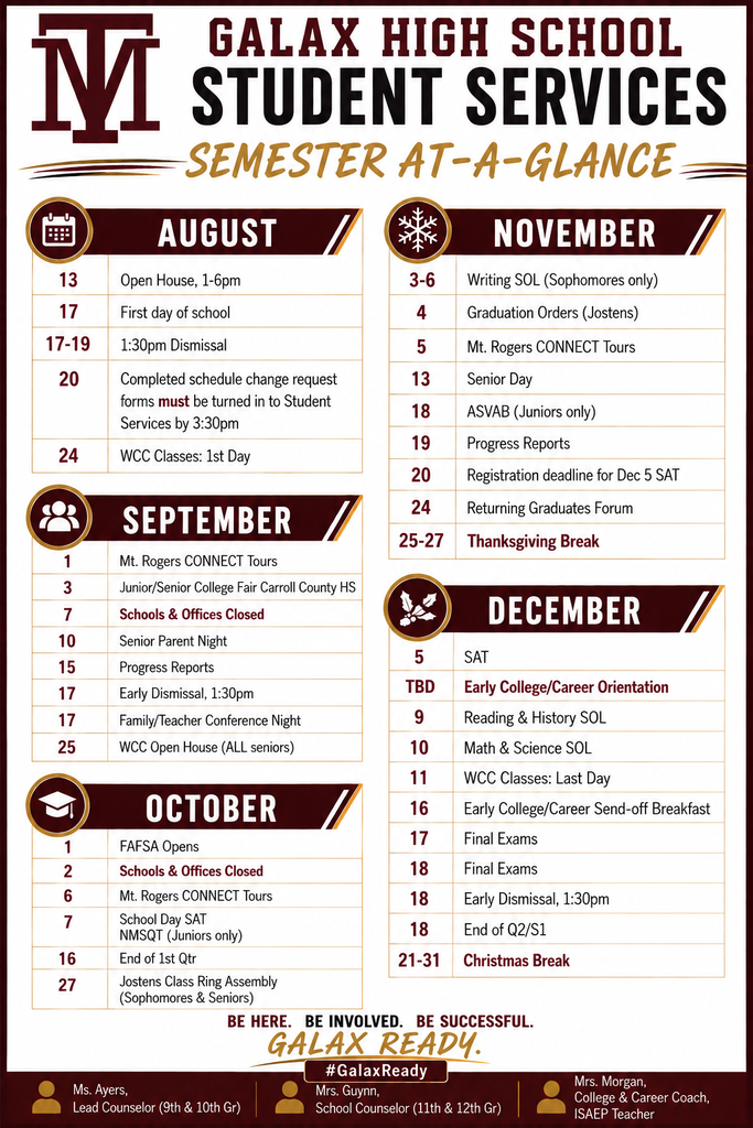 A calendar with semester dates and activities, organized in sections by month. Text includes: "Galax High School Student Services Semester at-a-Glance".