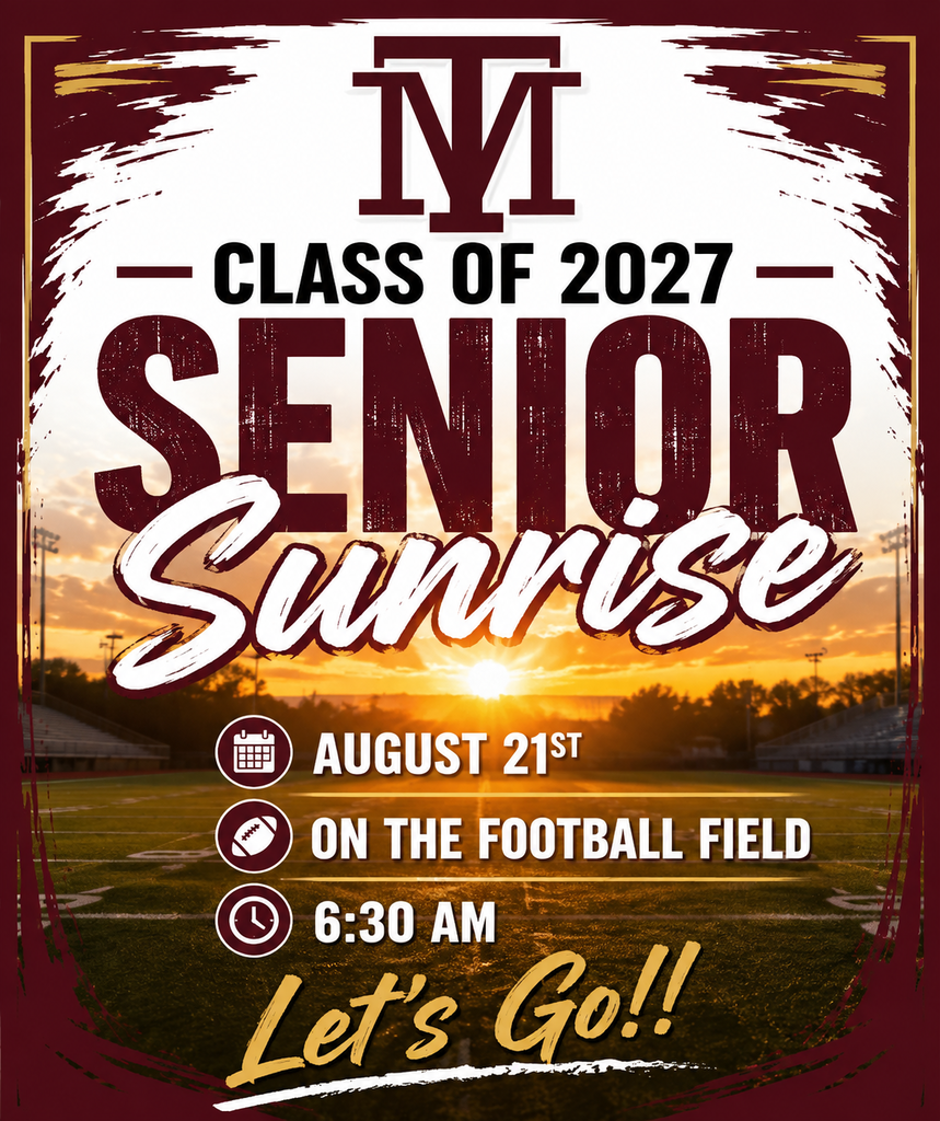 Poster with "NY" in bold, "CLASS OF 2027 SENIOR SUNRISE" text. Date "August 21st," time "6:30 AM" on a field. Sunset background.