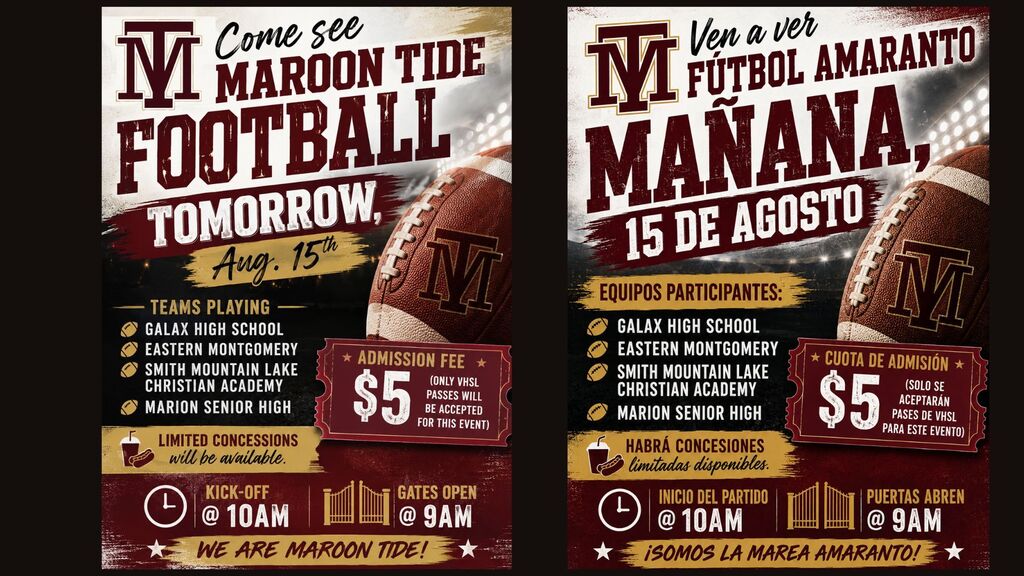 Two posters for a football game on August 15. Each poster shows a football and the date in Spanish.