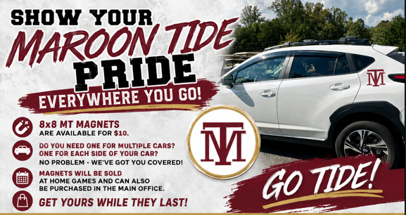 A white SUV is parked, with "Show Your Maroon Tide Pride Everywhere You Go!" text and a logo.