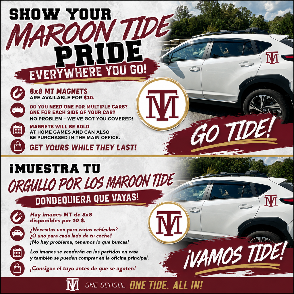A promotional poster for a Maroon Tide merchandise, featuring a white car, red and white text, and an M logo.